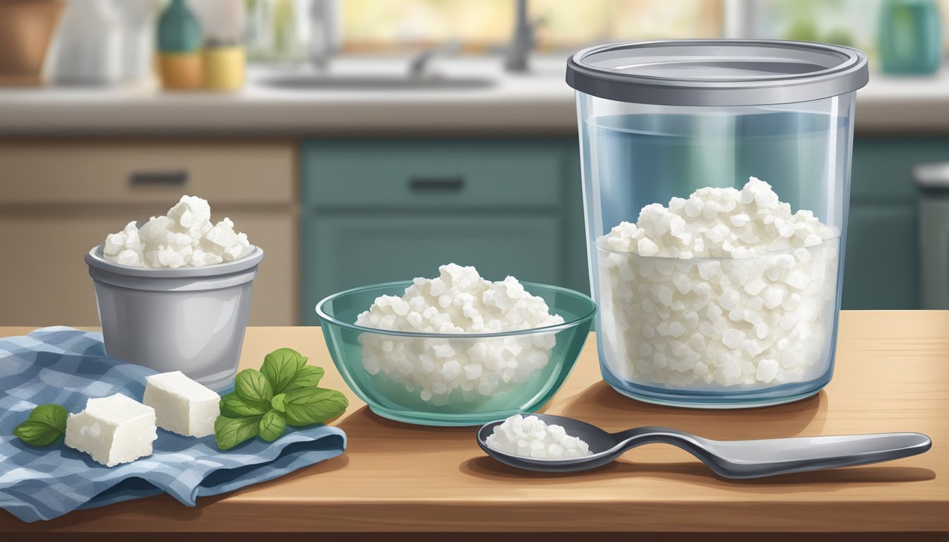 A container of cottage cheese with visible mold growth, sitting on a kitchen counter next to a discarded spoon and a half-empty glass of water