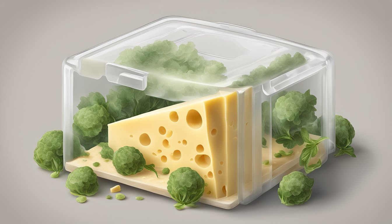 A wedge of cheese covered with mold, surrounded by a protective barrier and labeled "Contamination Prevention."