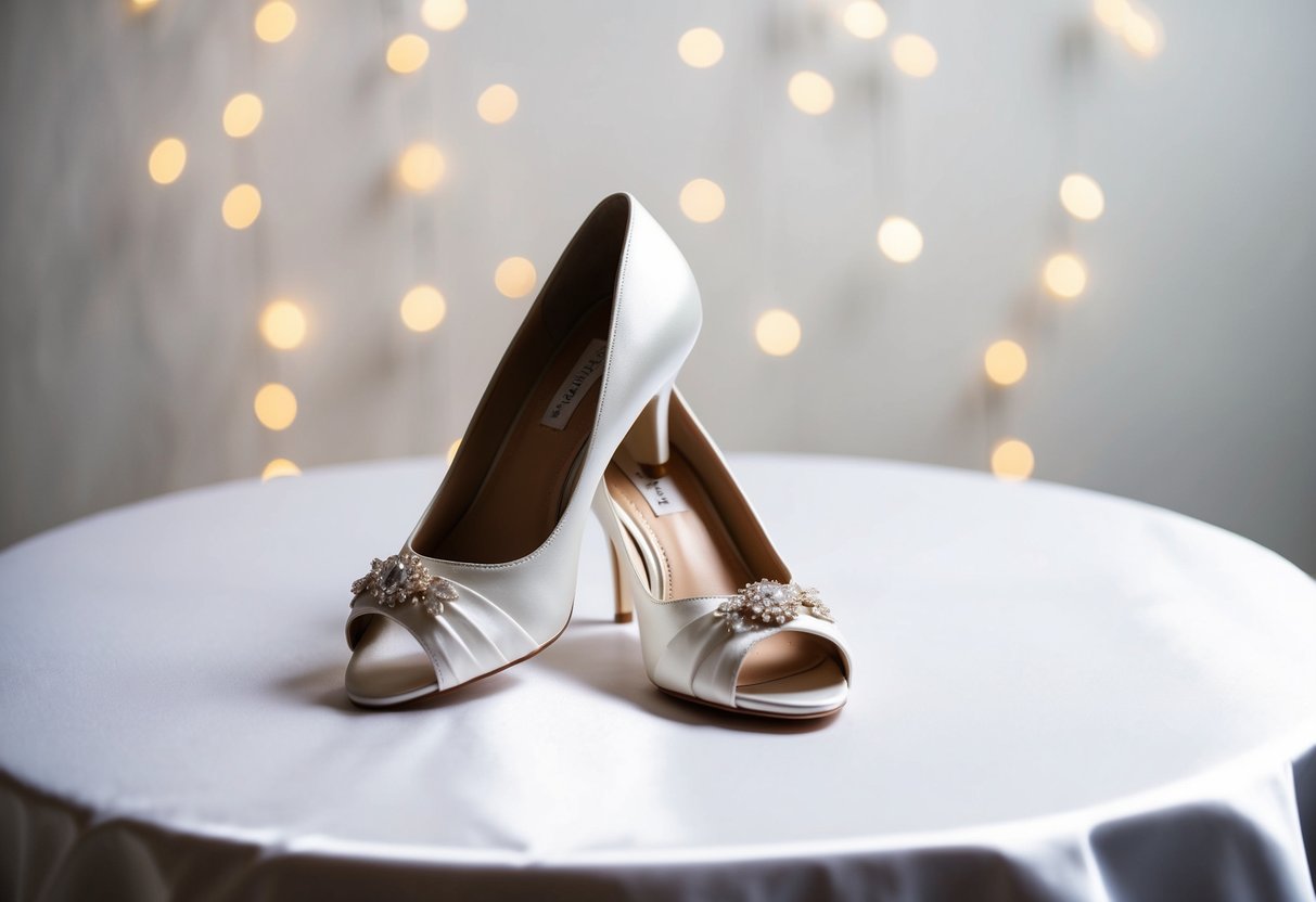 A pair of elegant wedding shoes with a moderate heel height displayed on a white satin background