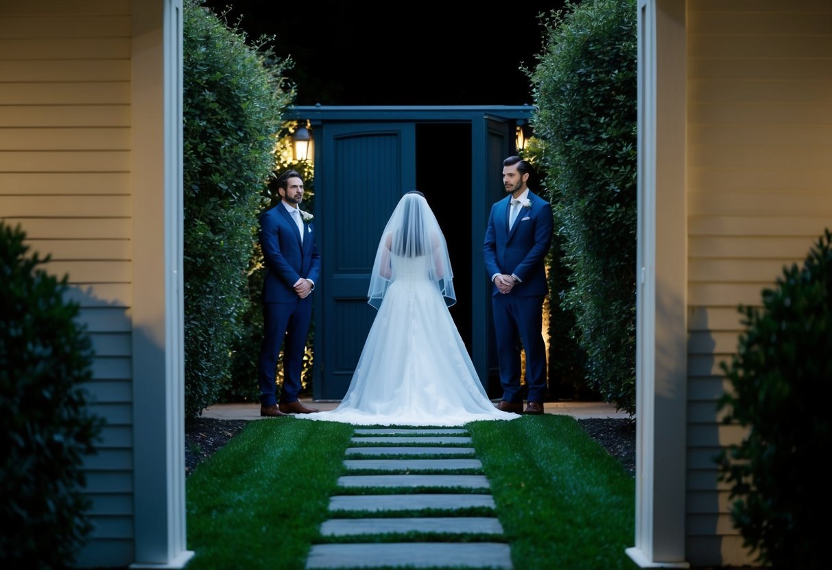 A moonlit garden with a pathway leading to a veiled figure standing before a closed door, while the groom waits on the other side