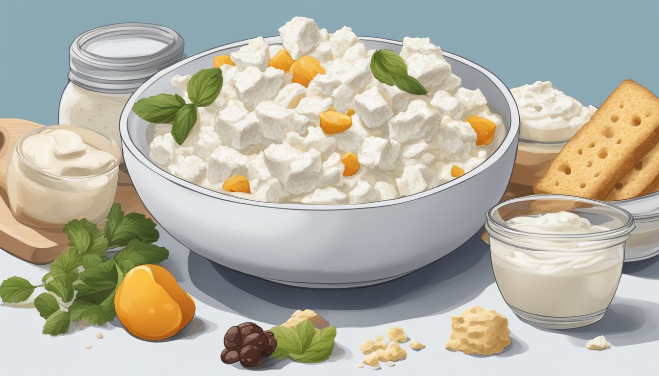 A bowl of cottage cheese with various alternatives spread out around it, including yogurt, ricotta, and hummus. Moldy cottage cheese is shown being thrown away