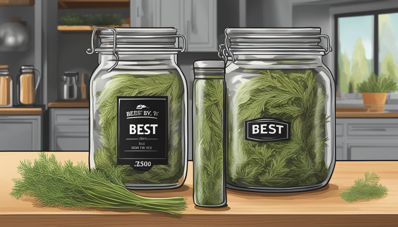 A jar of expired dried dill with a "best by" date clearly past, sitting on a kitchen shelf