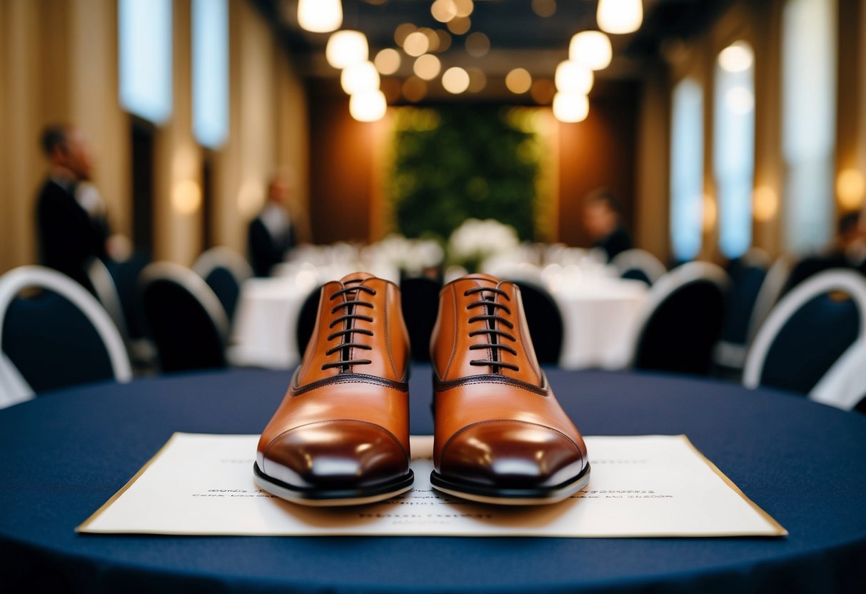 A pair of brown shoes standing on a black tie event invitation