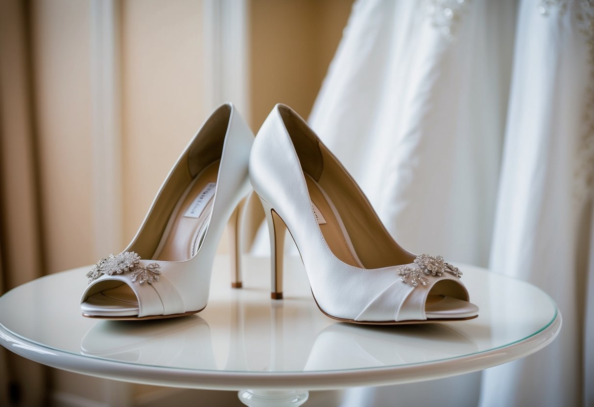 A bride's white wedding dress and coordinating shoes with a medium heel height, placed on a pristine, elegant display stand