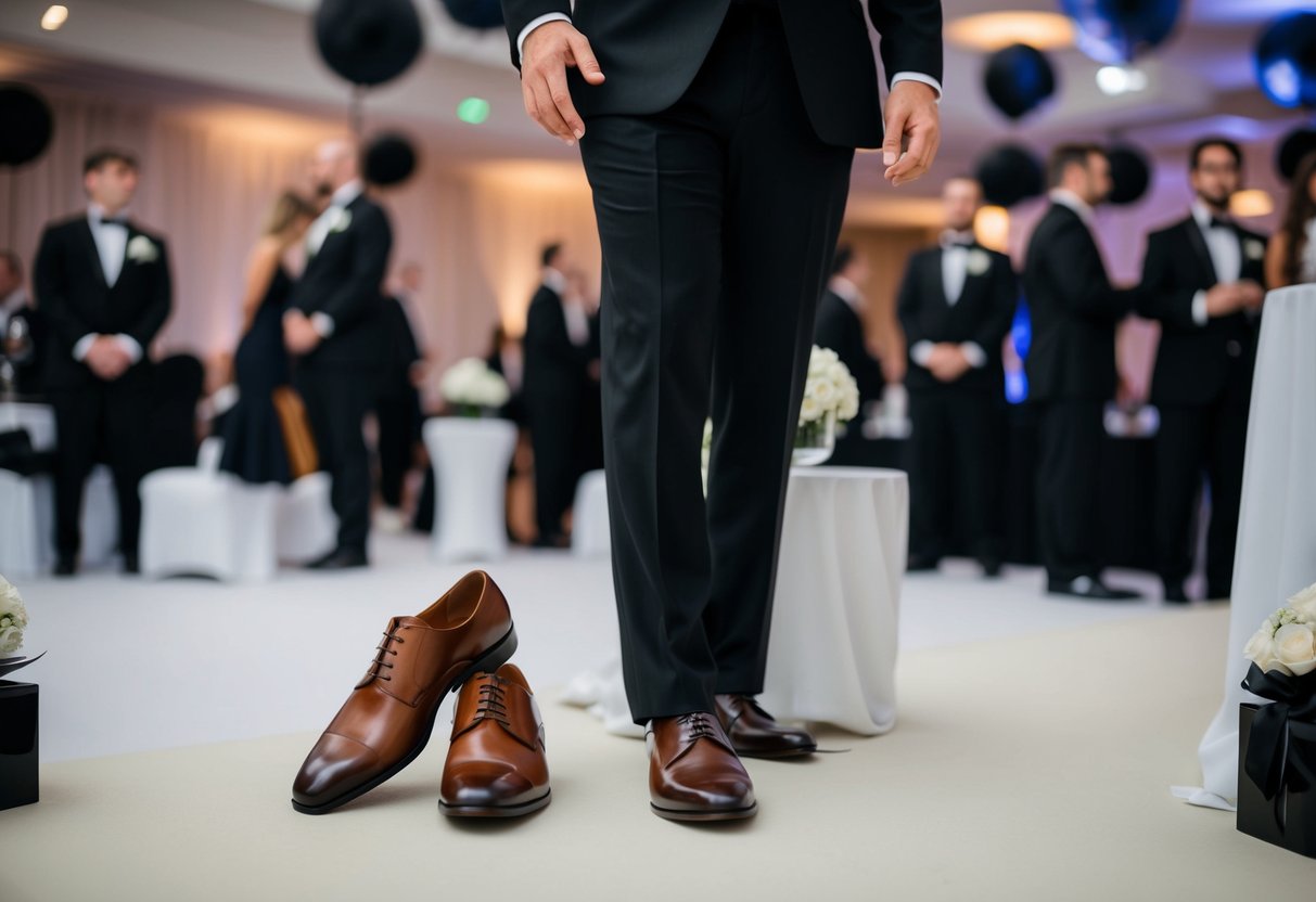 A man in a tuxedo stands next to a pair of brown shoes, surrounded by black tie event decor