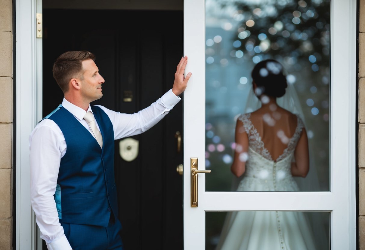 A groom stands outside a closed door, reaching out to touch it. On the other side, a bride is seen through a frosted glass window, her silhouette obscured