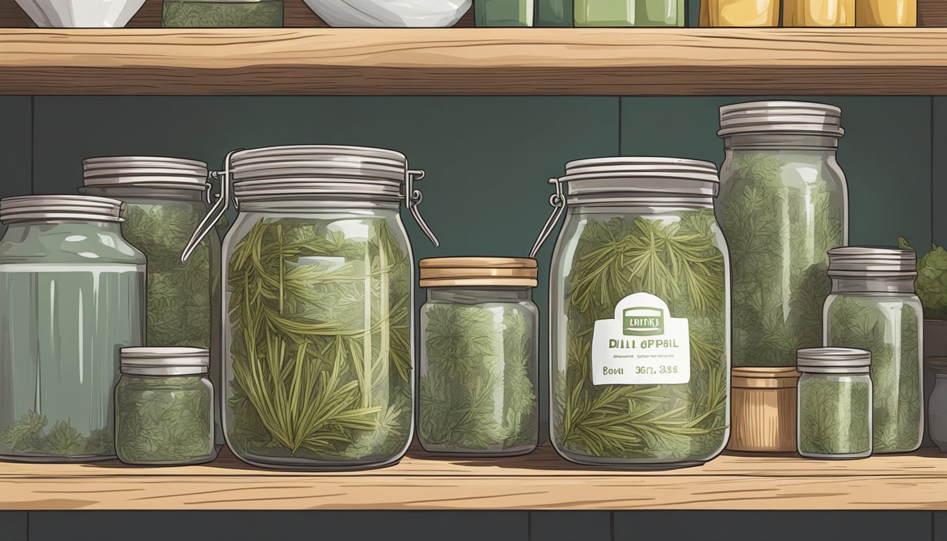 A jar of dried dill with a faded expiration date sits on a cluttered kitchen shelf