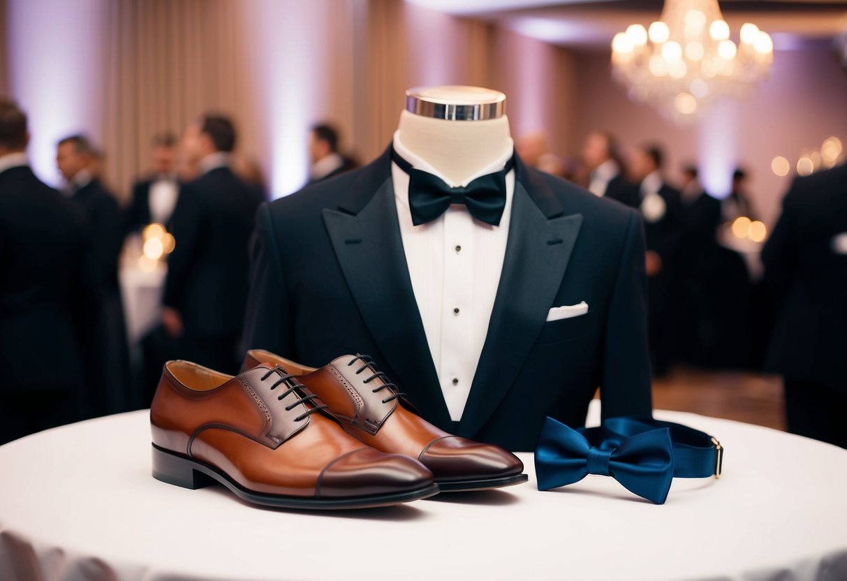 A formal black tie event with a pair of elegant brown shoes placed next to a classic tuxedo and bowtie