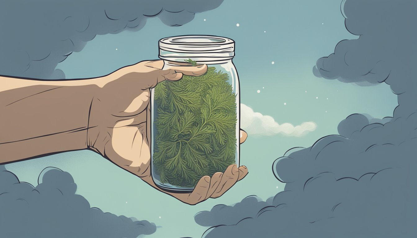 A hand reaching for a jar of expired dried dill, with a cloud of uncertainty above it