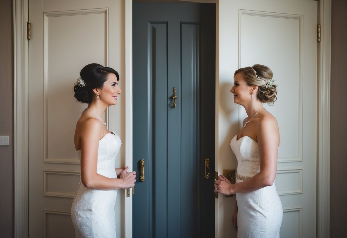 A groom stands on one side of a closed door, while a bride stands on the other side, both looking longingly at the door between them