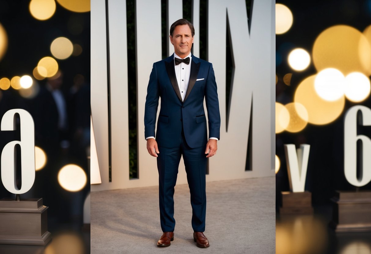 A man in a tuxedo with brown shoes, standing at a formal event