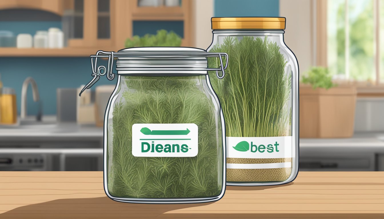 A jar of expired dried dill with a "best by" date visible. A label indicates "Storage Recommendations" with a question mark