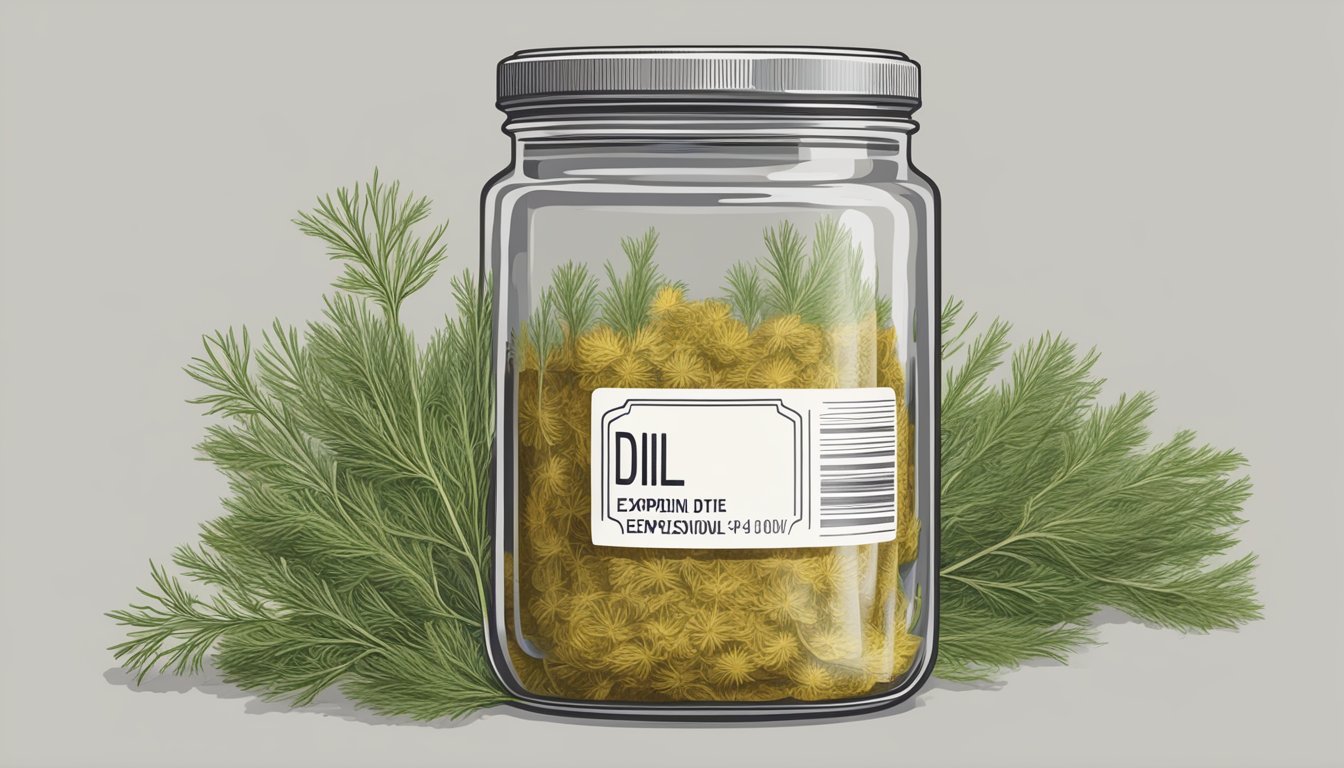 A jar of expired dried dill with visible mold and a label showing the expiration date