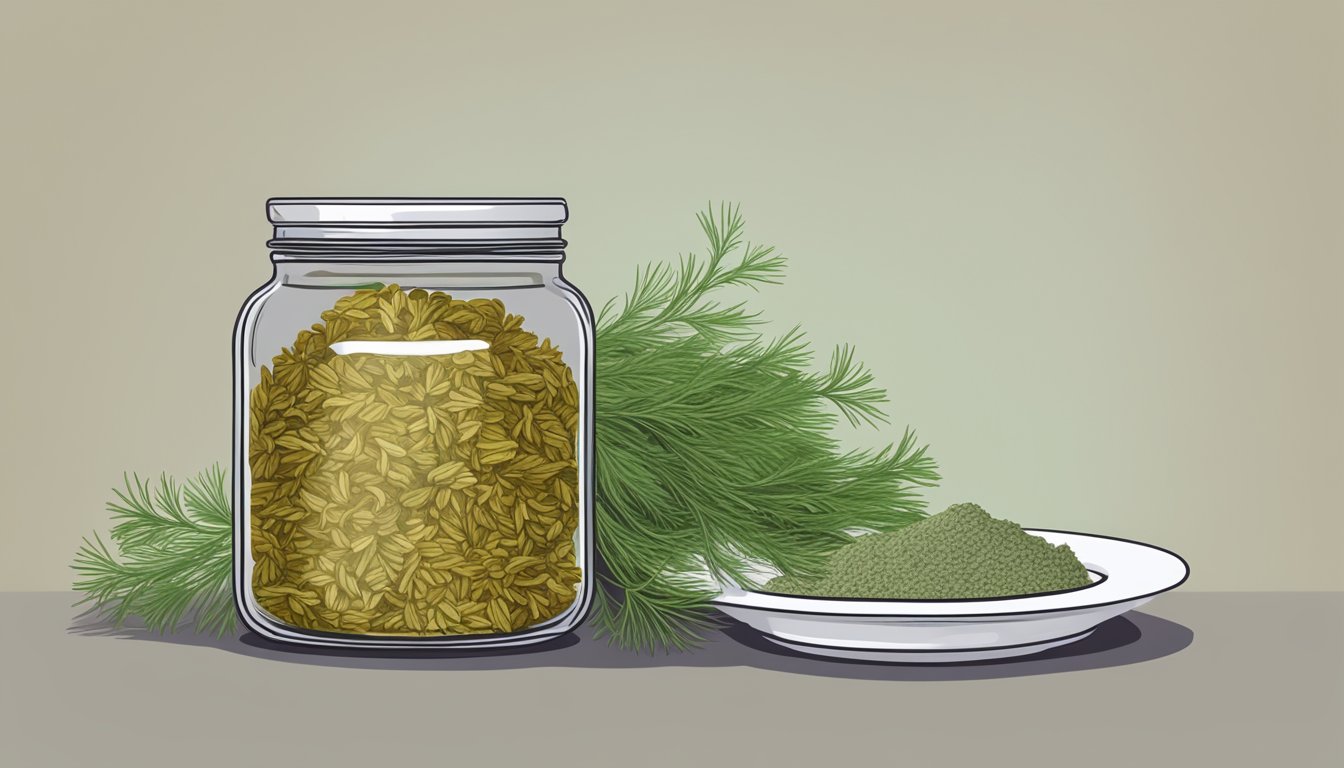 A jar of expired dried dill next to a plate of uneaten food