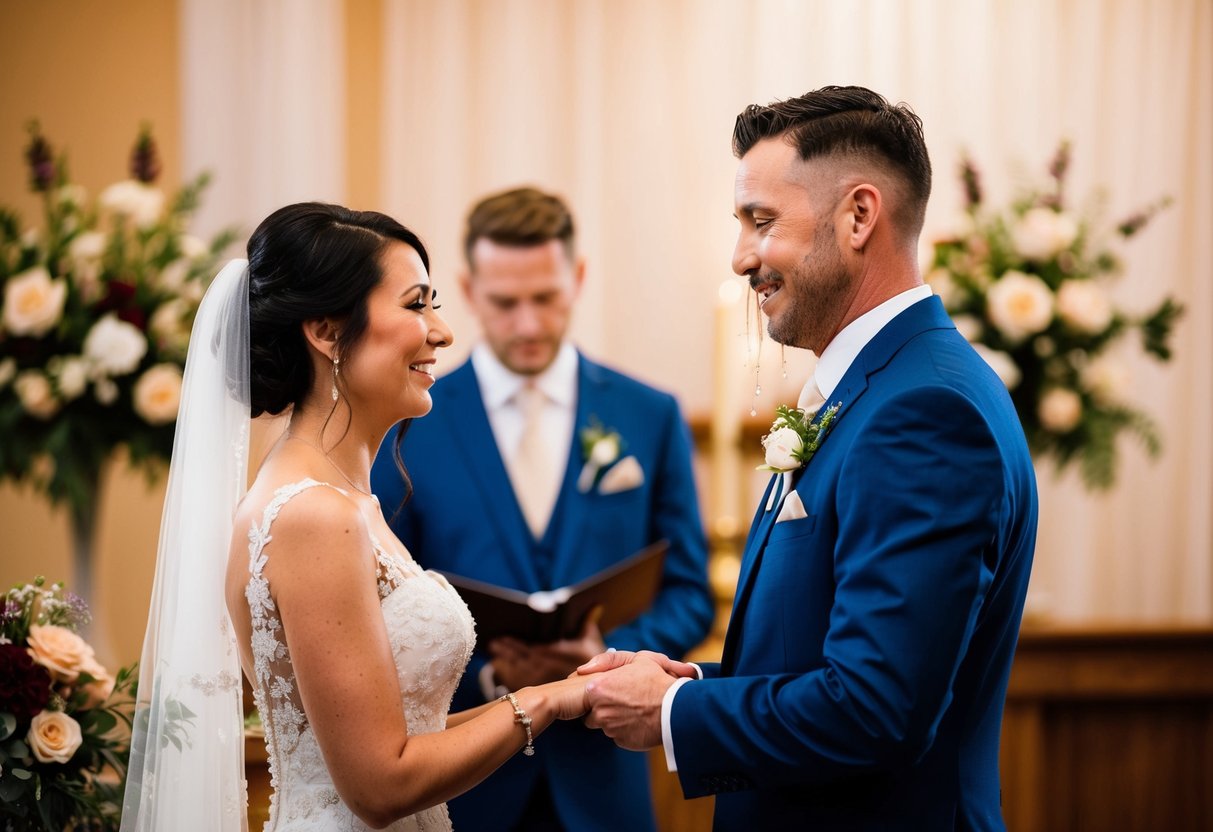 A groom stands at the altar, tears streaming down his face as he exchanges vows with his partner. The setting is warm and intimate, with soft lighting and flowers in the background