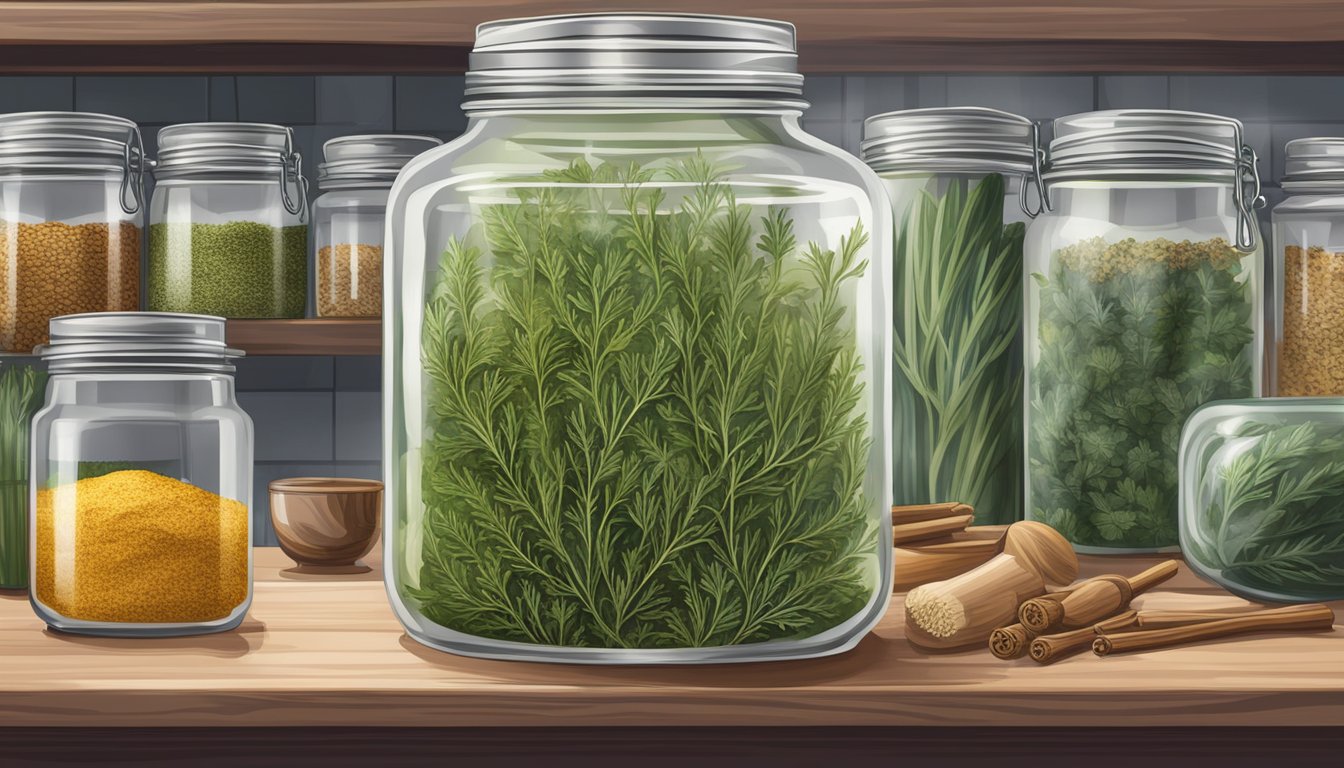 A jar of expired dried dill sitting on a kitchen shelf, surrounded by various spices and herbs in glass containers