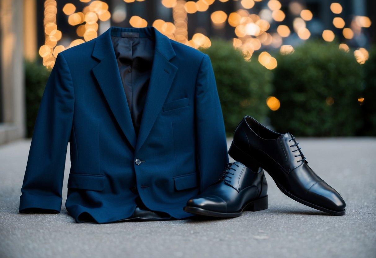 A navy suit jacket and pants next to a pair of black shoes
