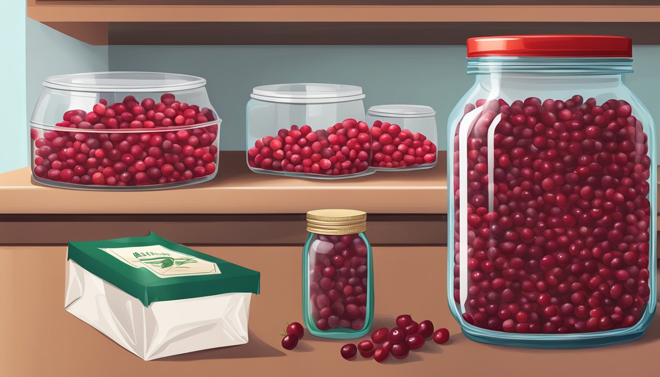 A pantry shelf with a jar of expired dried cranberries next to a sealed, properly stored bag of fresh cranberries