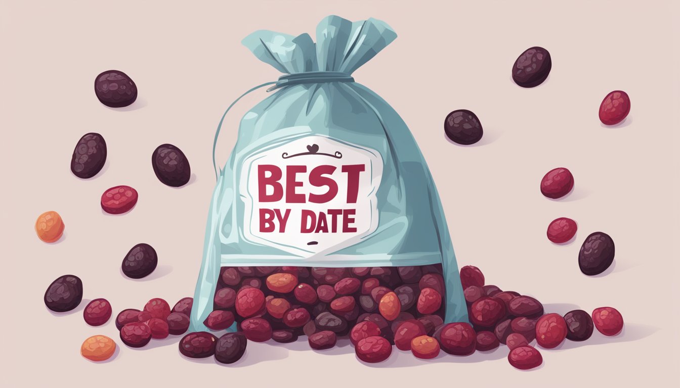 A pile of expired dried cranberries in a sealed bag with a "best by" date crossed out and a question mark written next to it