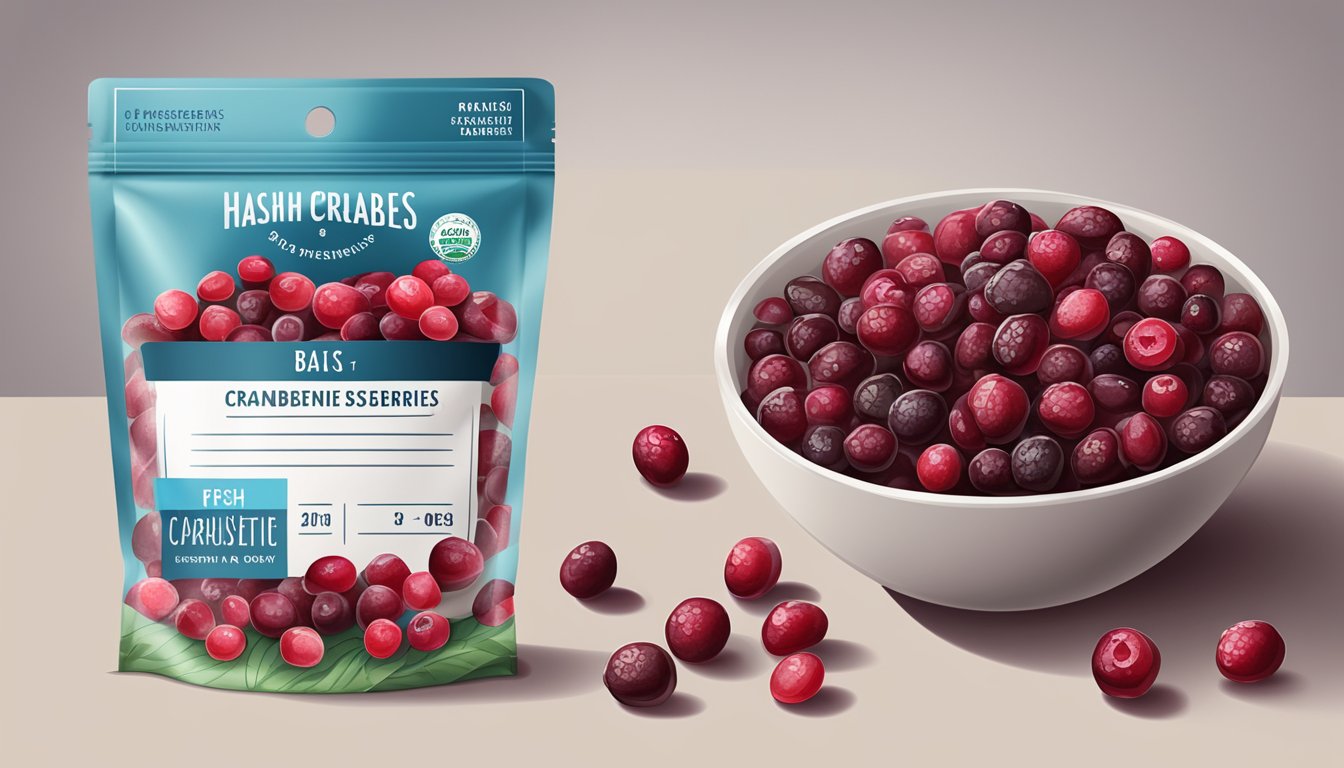 A sealed bag of dried cranberries with a clear expiration date on the packaging, alongside a bowl of fresh cranberries