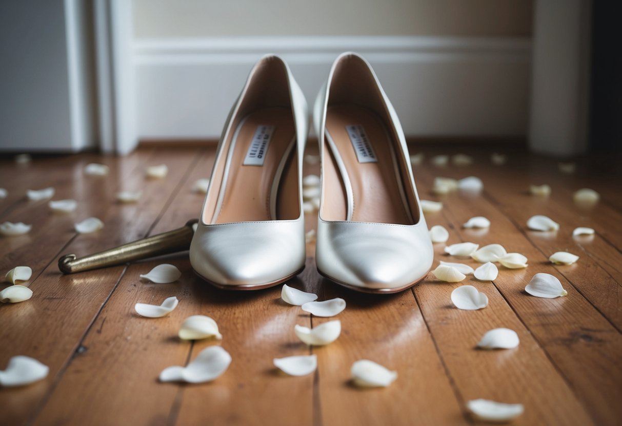 A pair of elegant wedding shoes sits abandoned on the floor, surrounded by a scattering of petals and a discarded shoe horn