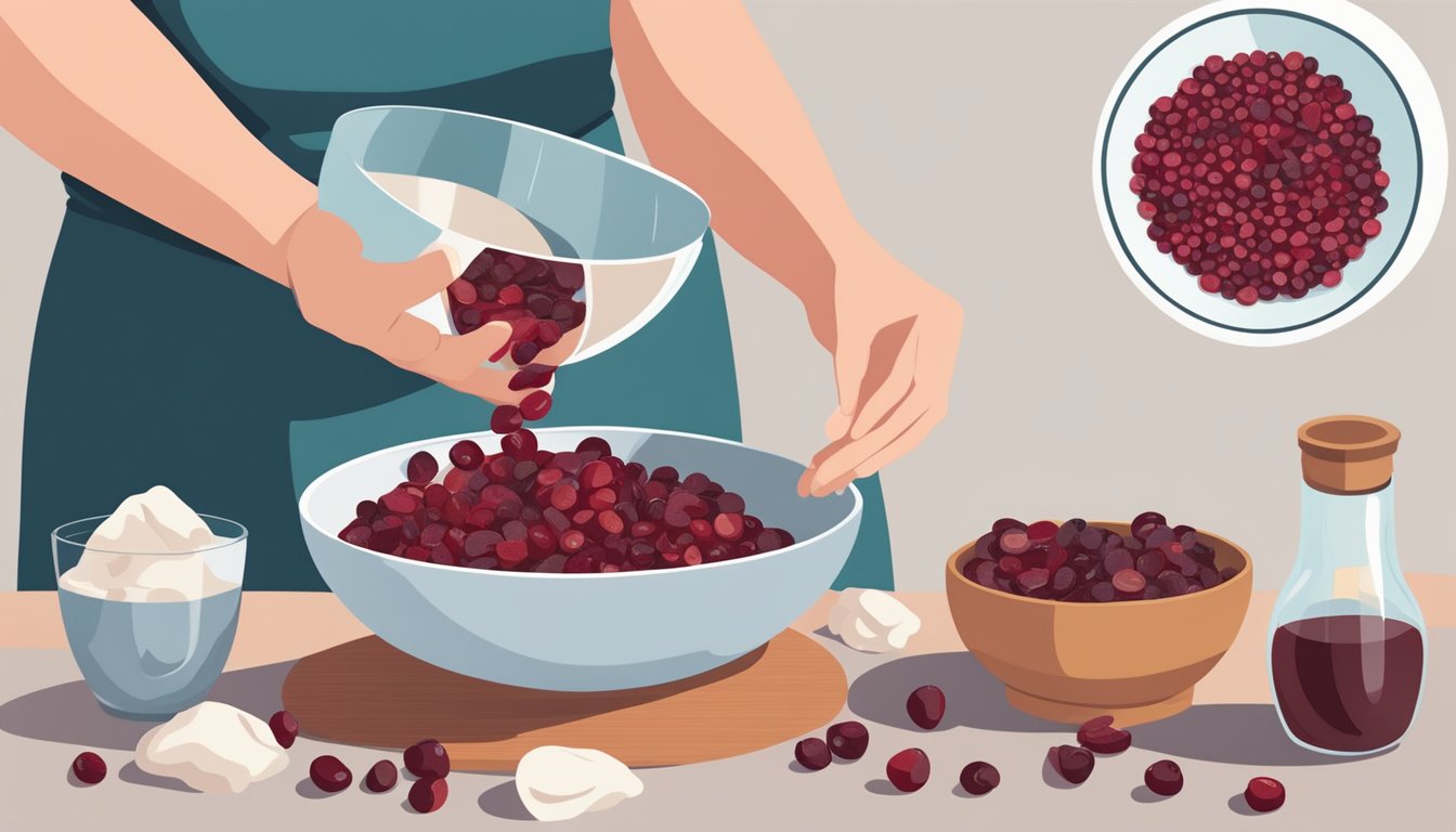 A hand pouring expired dried cranberries into a mixing bowl alongside other ingredients for cooking