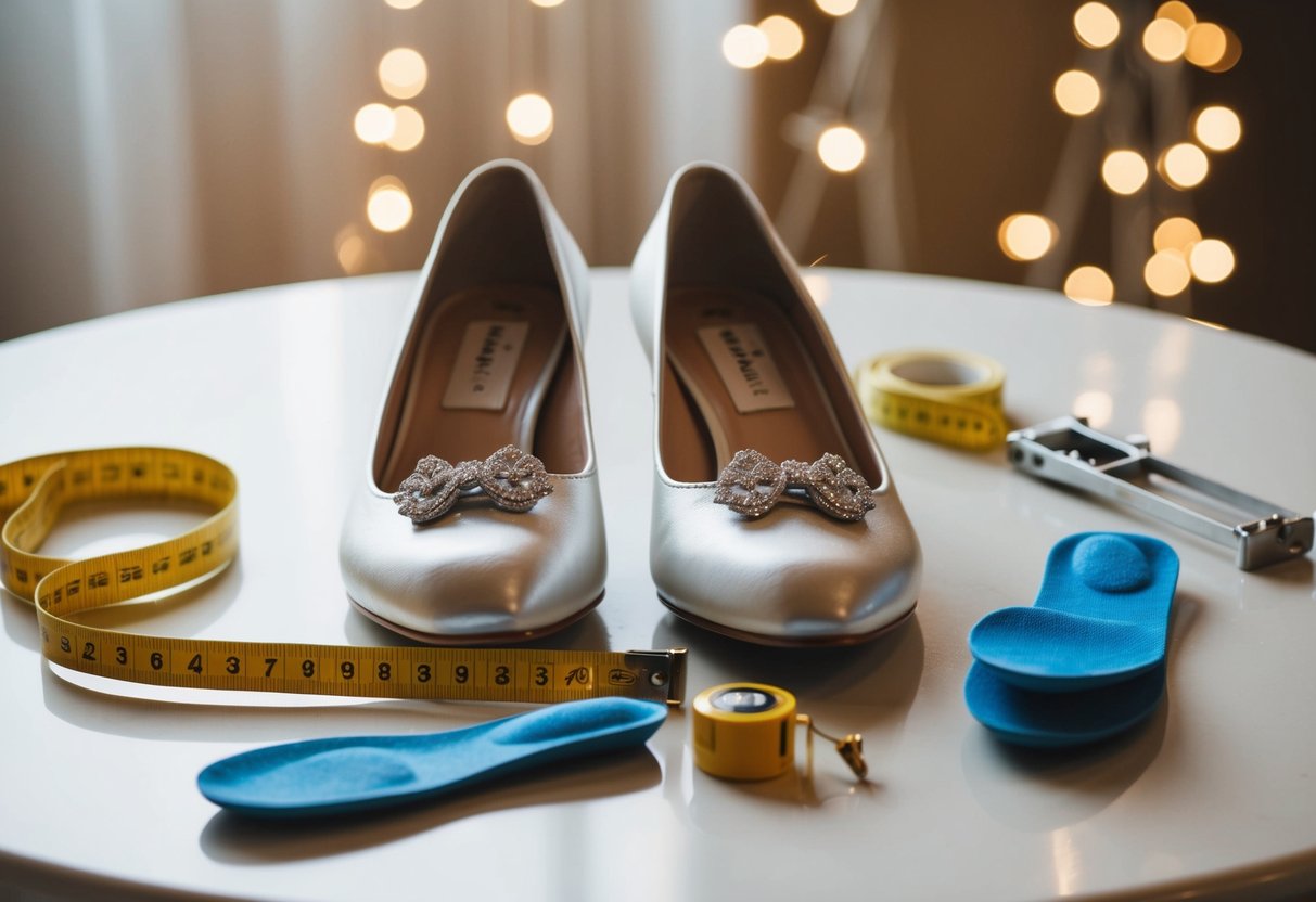 A pair of small wedding shoes sits on a table, surrounded by a tape measure, cushioned insoles, and a shoe stretcher