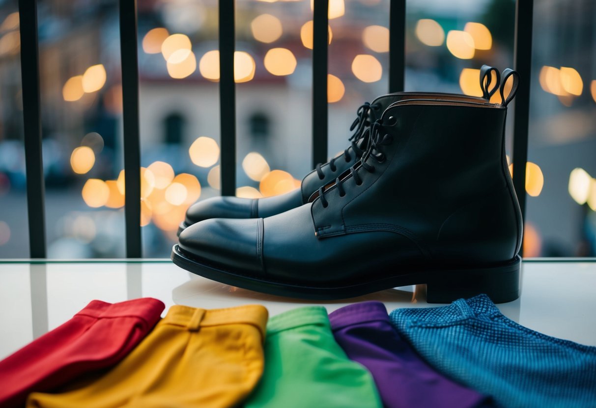 A pair of black shoes next to a selection of colorful trousers