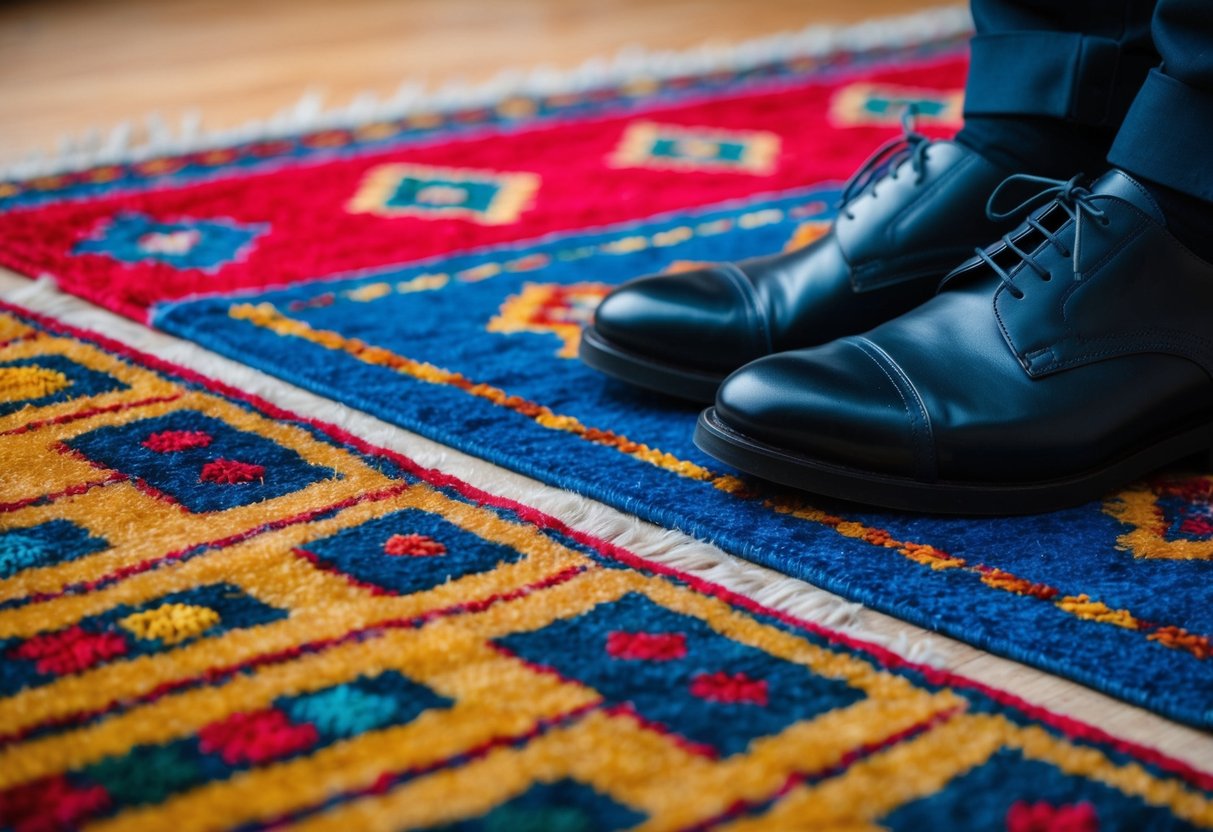 A pair of shoes next to a colorful patterned rug