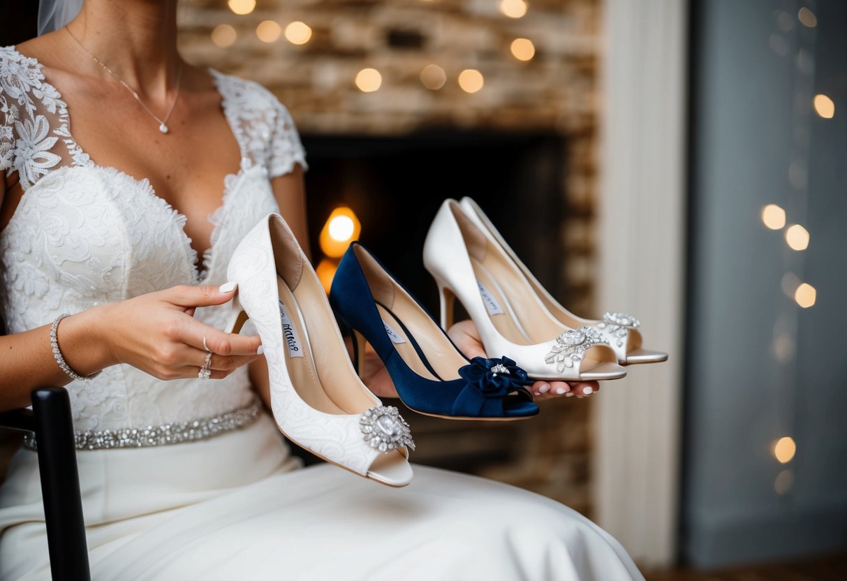 A bride sits on a chair, holding her too-small wedding shoes in one hand and a selection of backup shoes in the other