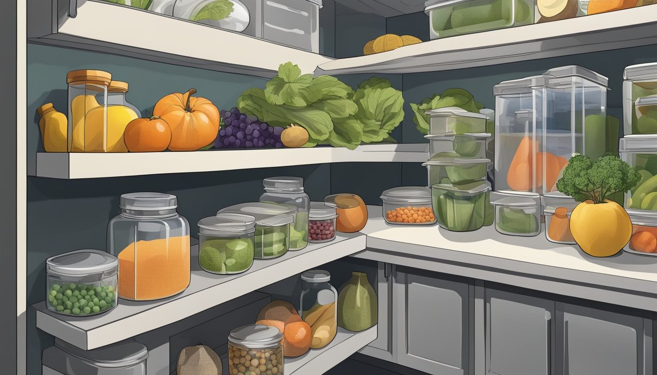 A kitchen pantry with a variety of fresh fruits and vegetables stored in a clean, dry, and well-ventilated area, with proper food storage containers and regular inspection for any signs of mold growth