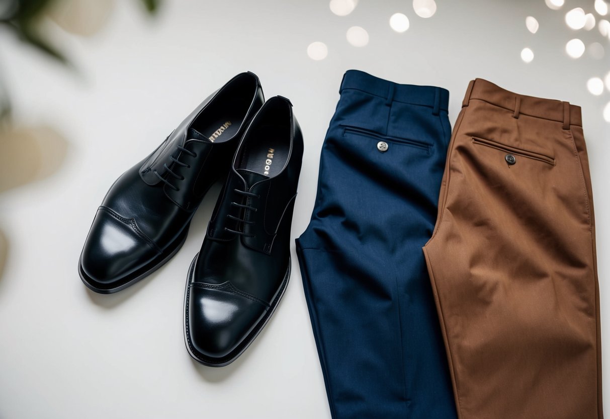 A pair of black shoes next to a variety of colored trousers, including grey, navy, and brown, laid out on a clean, neutral background