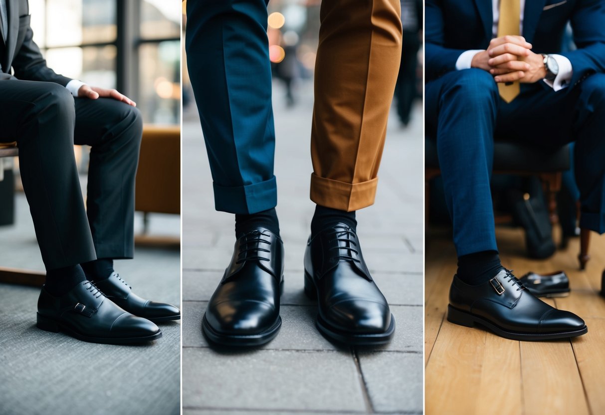 A pair of black shoes paired with different colored trousers in various settings, such as a business office, a casual coffee shop, and a formal event