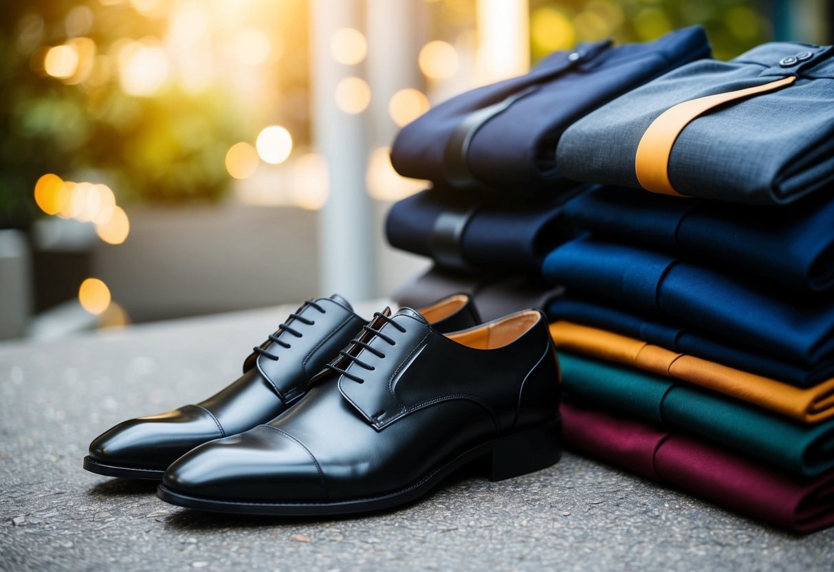 A pair of black dress shoes placed next to a selection of trousers in various colors and styles