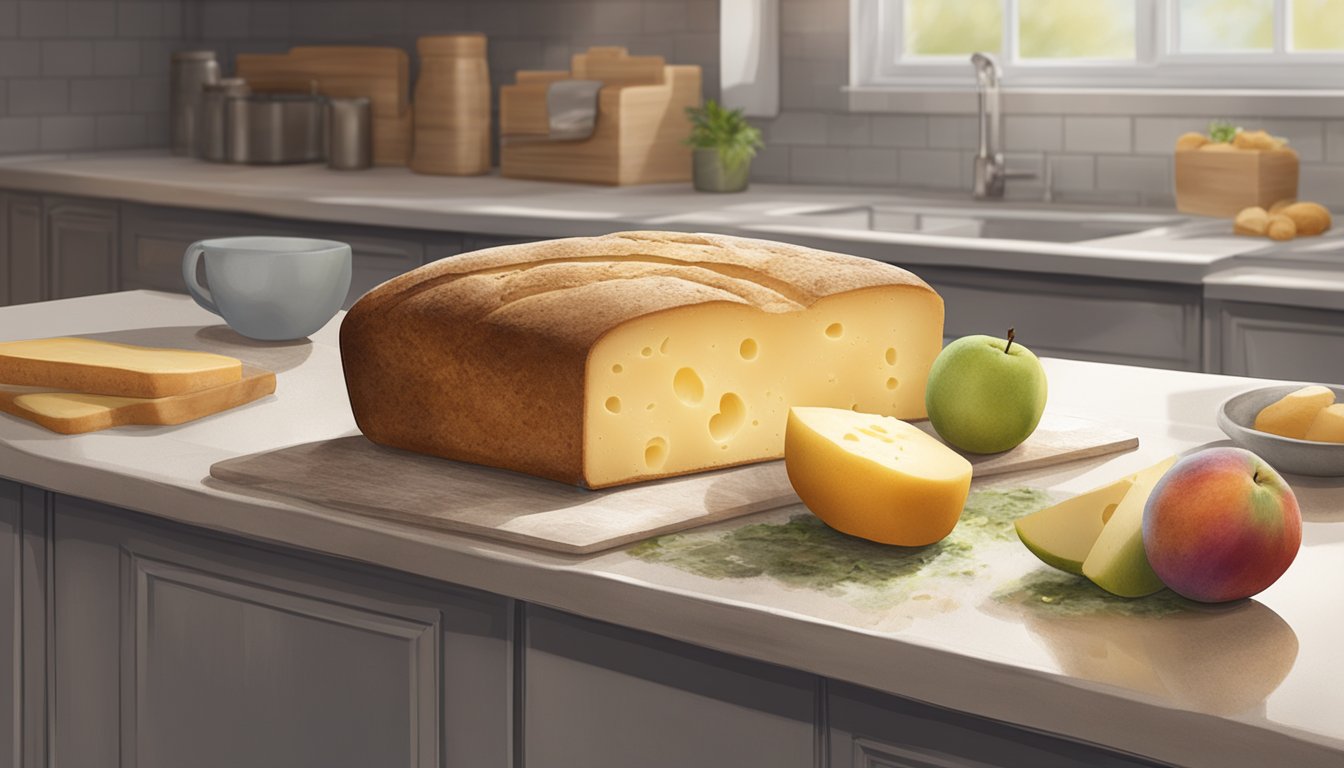 A loaf of bread, a piece of cheese, and a ripe piece of fruit sit on a kitchen counter, covered in fuzzy patches of mold