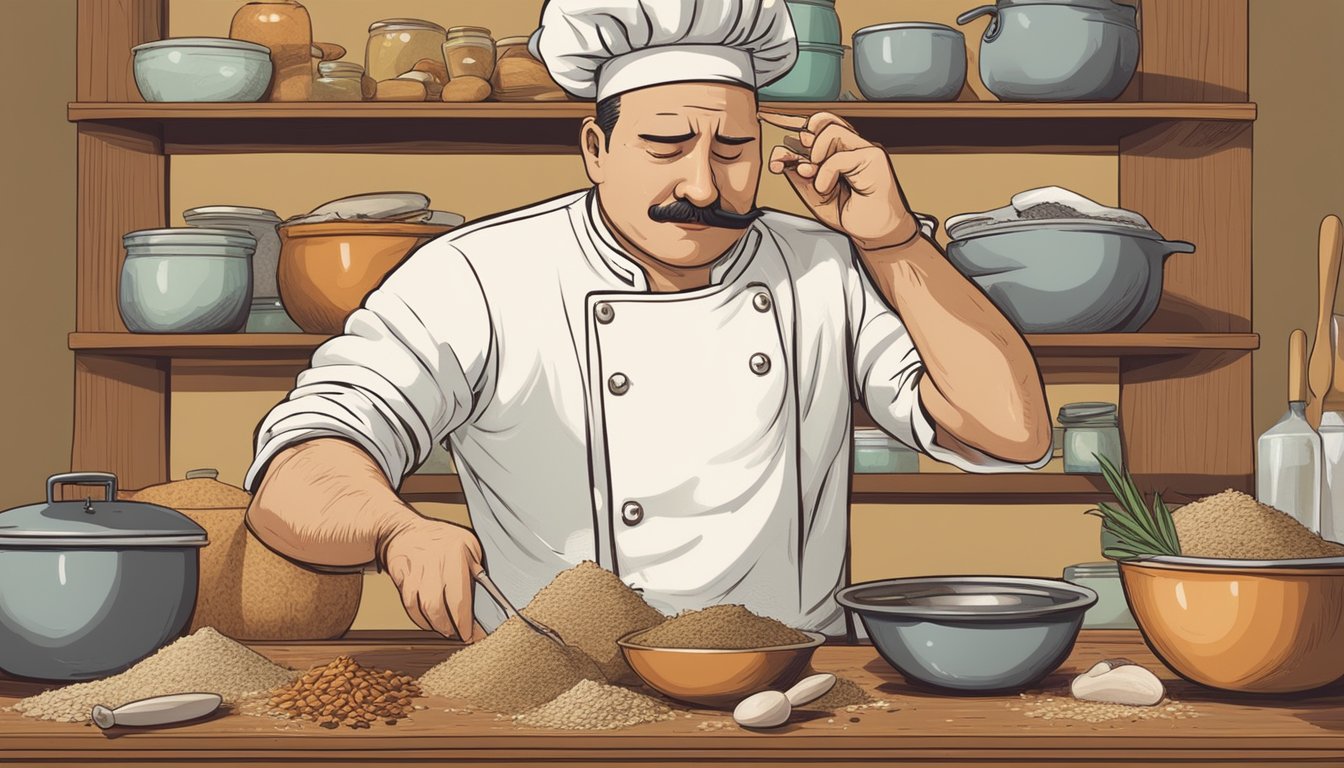 A chef cautiously examines an expired bag of dried coconut, wrinkling their nose in uncertainty. The kitchen is dimly lit, with shelves of spices and utensils in the background