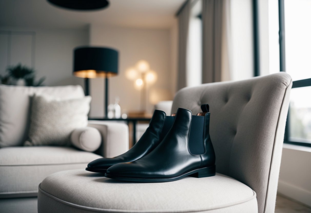 A cozy living room with a modern, minimalist design. A pair of sleek, stylish shoes sits neatly beside a plush, comfortable armchair