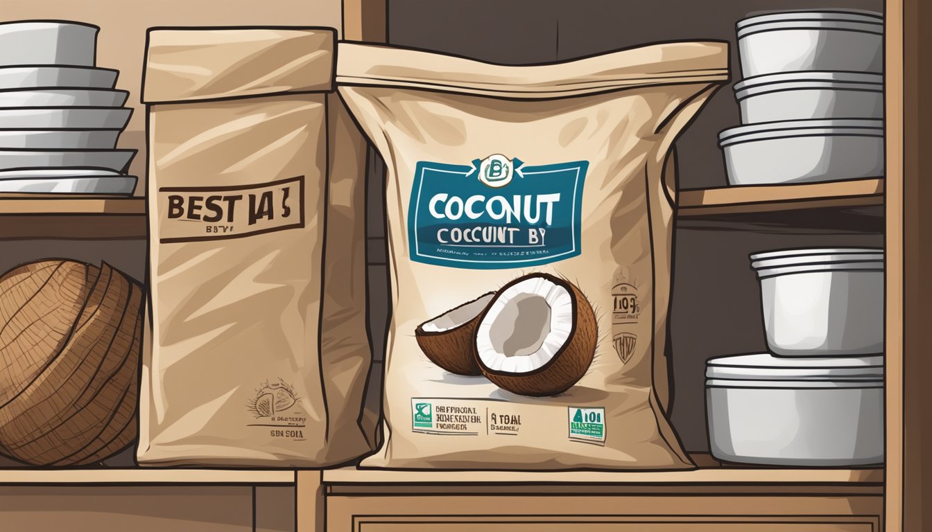 A sealed bag of dried coconut sitting on a pantry shelf, with a "best by" date clearly visible