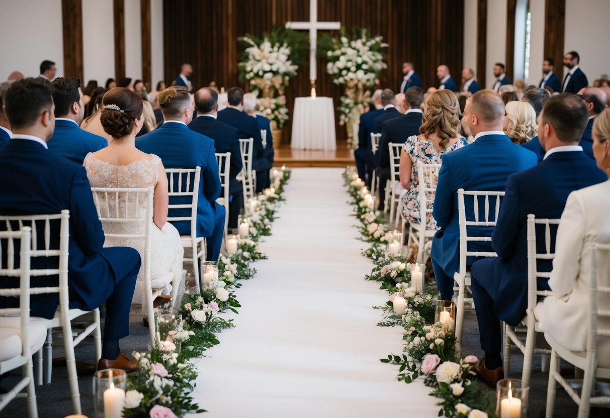Guests seated in neat rows facing the altar, with a clear aisle down the middle. Aisle lined with flowers or candles