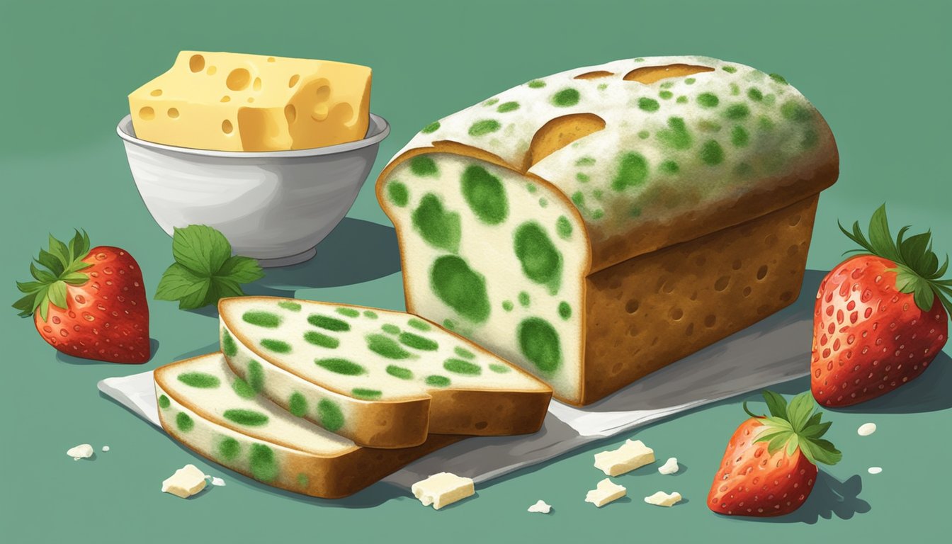 A loaf of bread covered in green and white mold, a block of cheese with fuzzy spots, and a bowl of overripe strawberries with visible mold growth