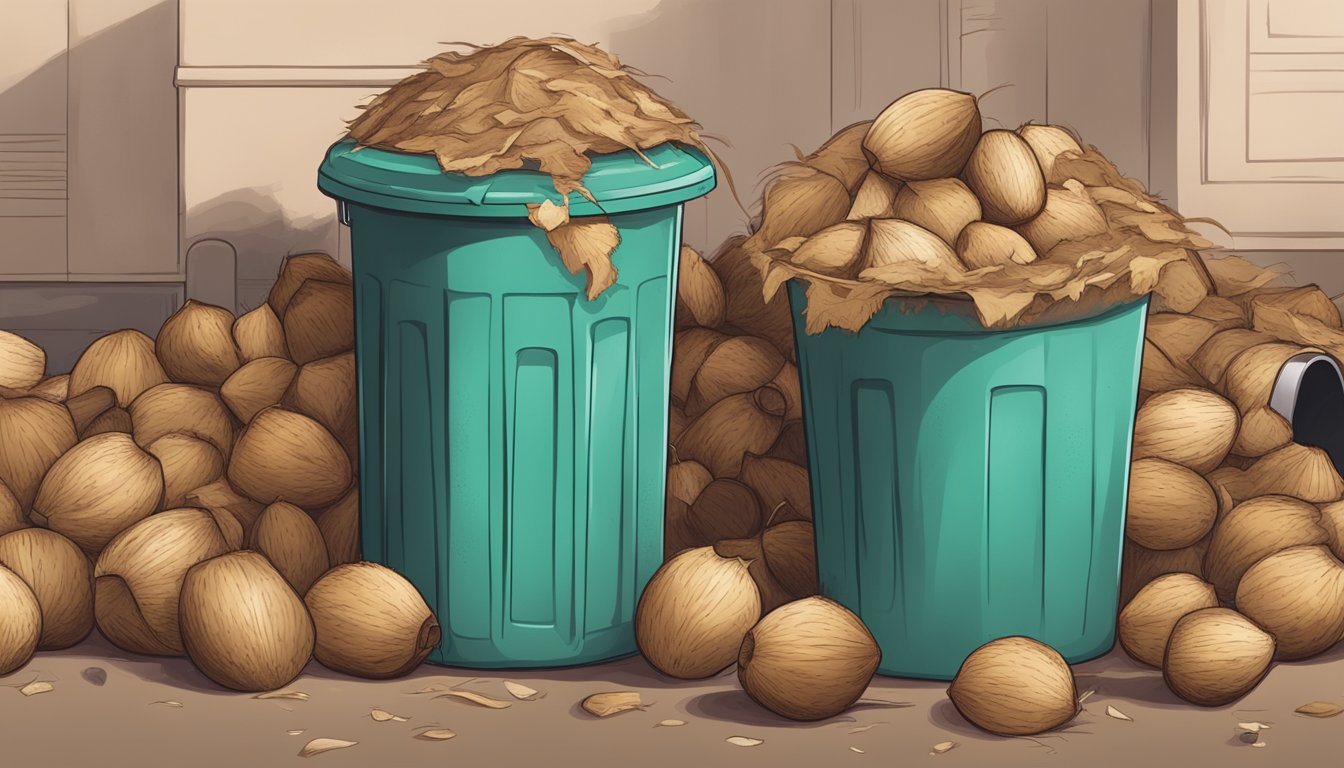 A pile of expired dried coconuts with mold growing on them, next to a trash can