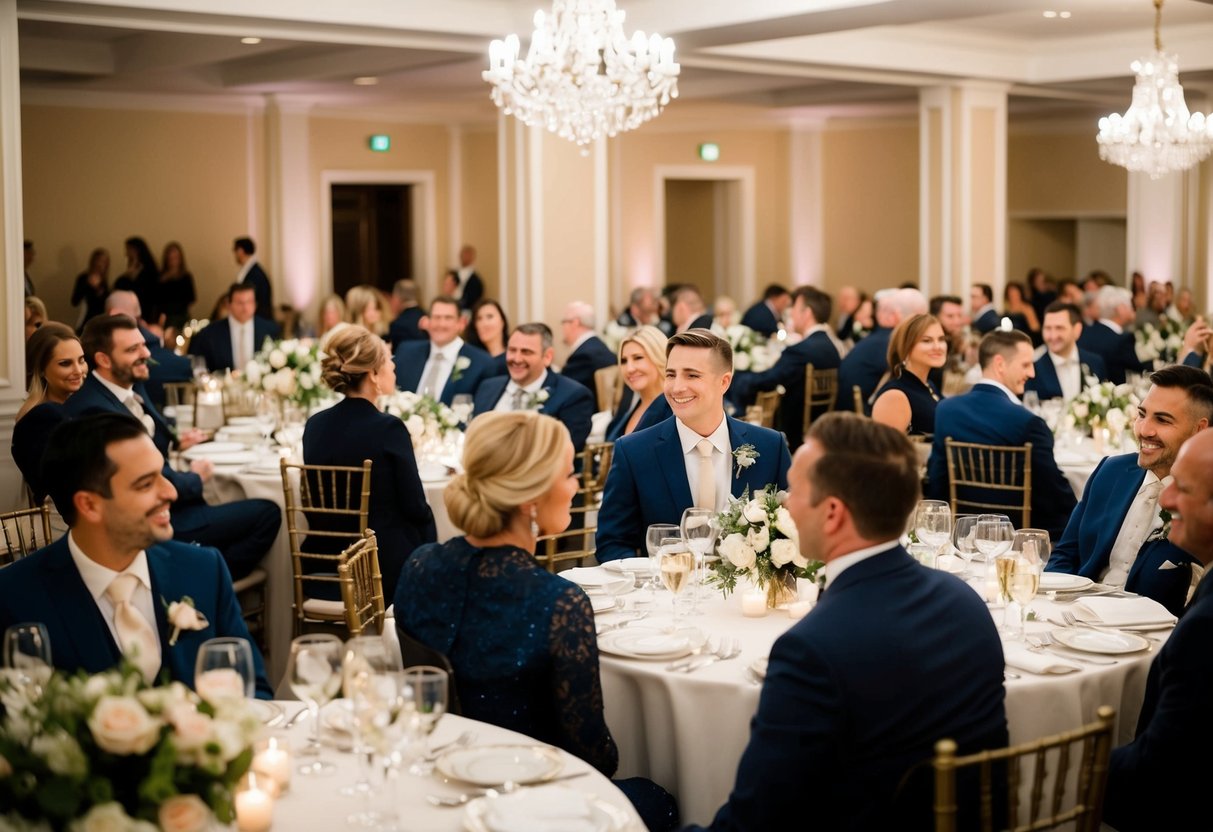 Guests seated at round tables, adorned with elegant linens and centerpieces, enjoying a romantic and intimate atmosphere