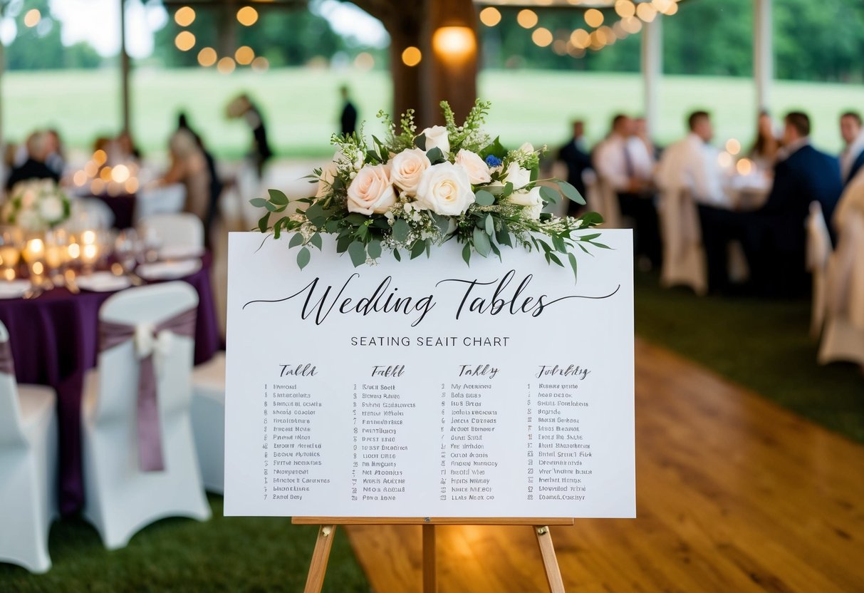 A wedding seating chart with labeled tables and assigned seating for guests