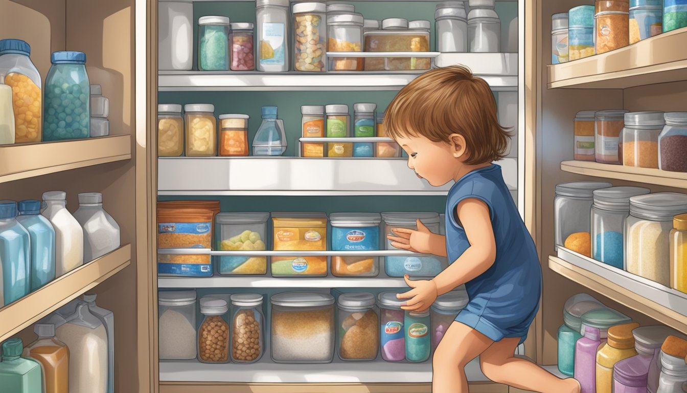 A small child reaching for a packet of silica gel in a pantry