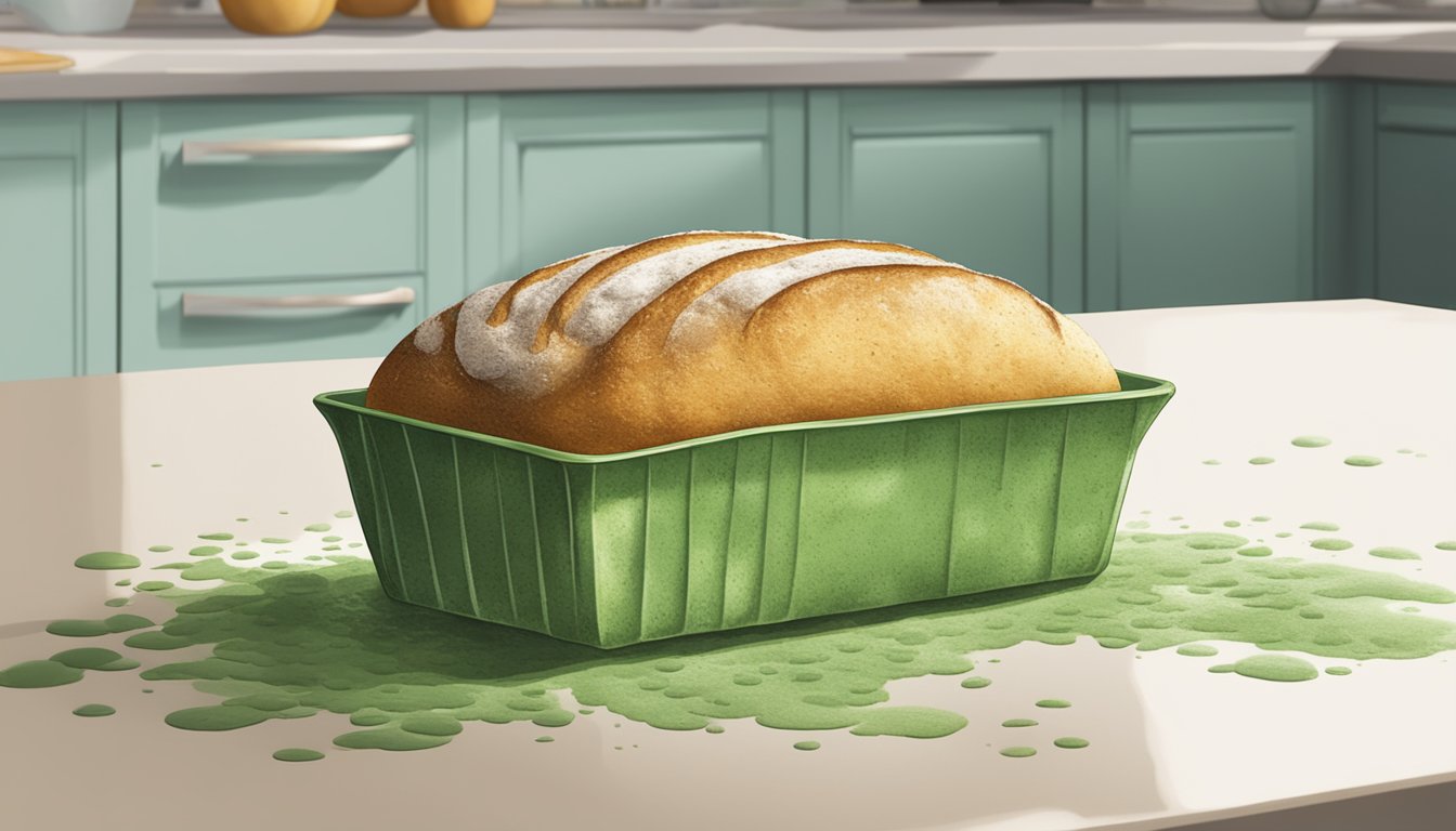 A loaf of bread left out on the kitchen counter, covered in green and white mold spots