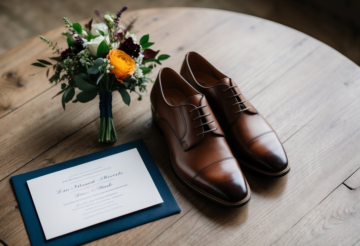 A pair of brown shoes placed next to a formal wedding invitation and a floral boutonniere