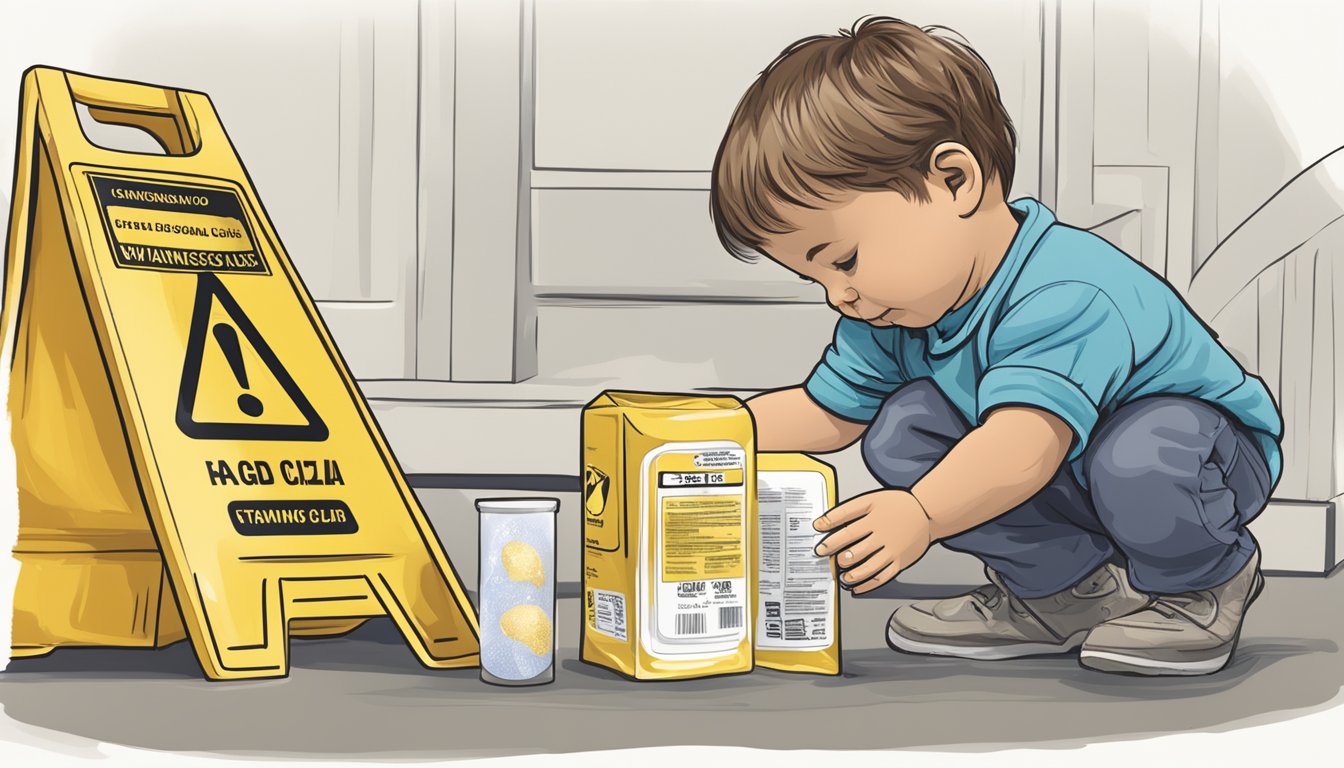 A small child reaching for a packet of silica gel near a warning sign