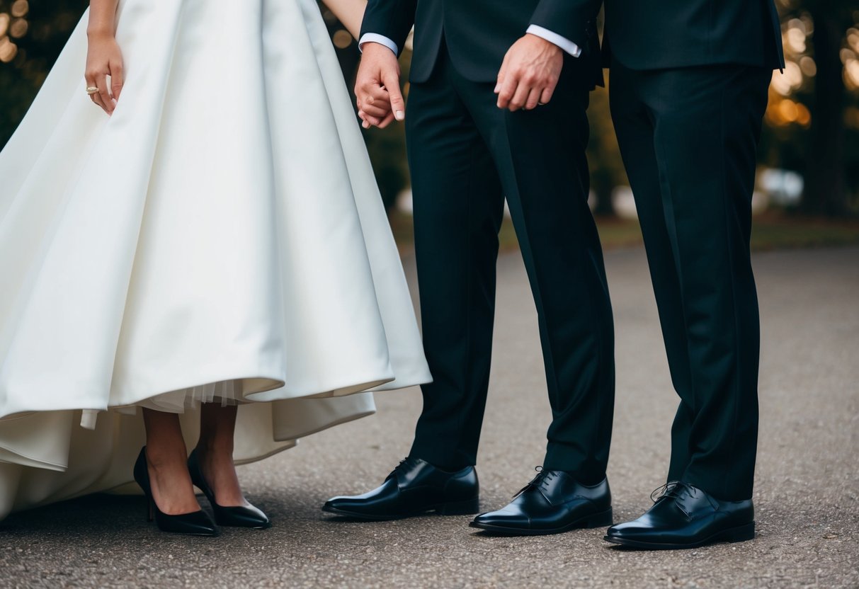 A groom in a classic black suit stands next to a bride in a white gown, both wearing formal attire. The groom's black shoes complement the bride's elegant dress