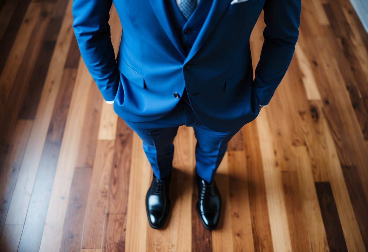 A blue suit jacket and trousers paired with black leather shoes on a polished wooden floor
