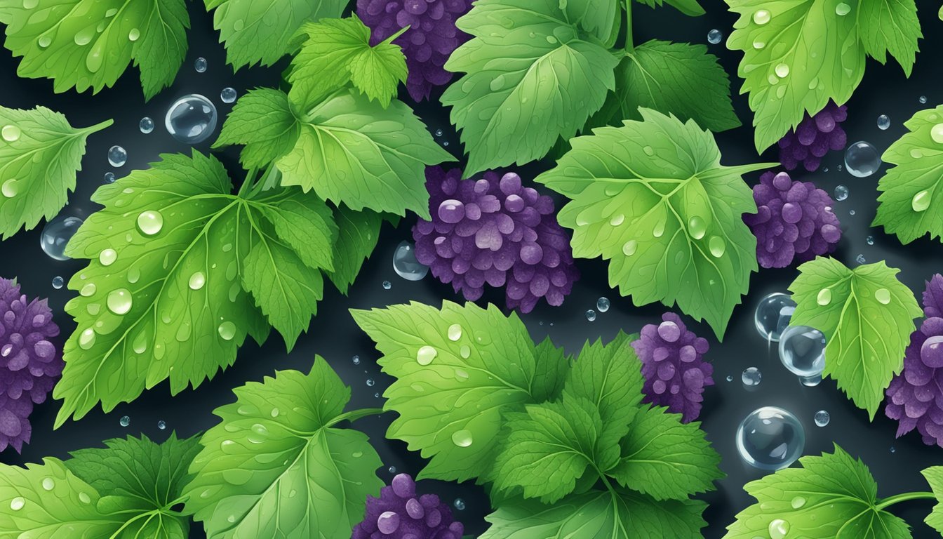 A close-up of fresh green shiso leaves, with droplets of water glistening on the surface, surrounded by other vibrant herbs and vegetables